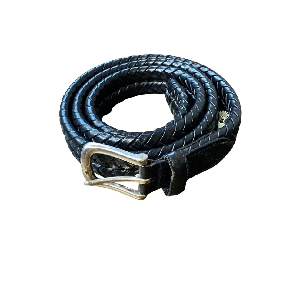 Fossil Mens Black Braided Woven Leather Belt Silver Buckle MB3040001 Size 40